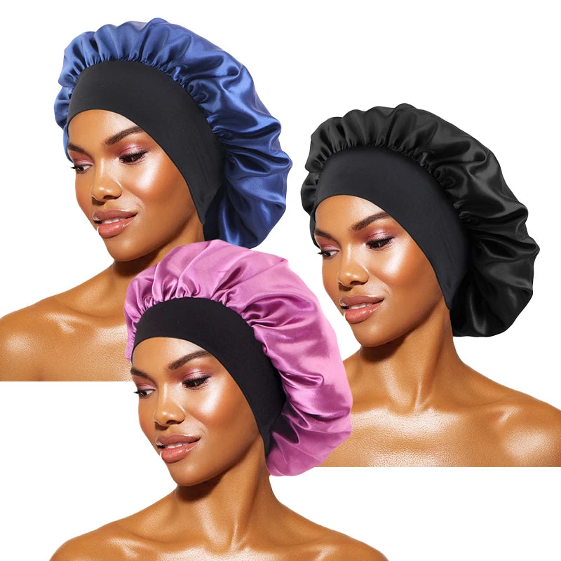Bonnets en satin solides pour femmes, chapeau de bain à large bord pour dormir la nuit, bonnet unisexe à bande élastique pour soins capillaires