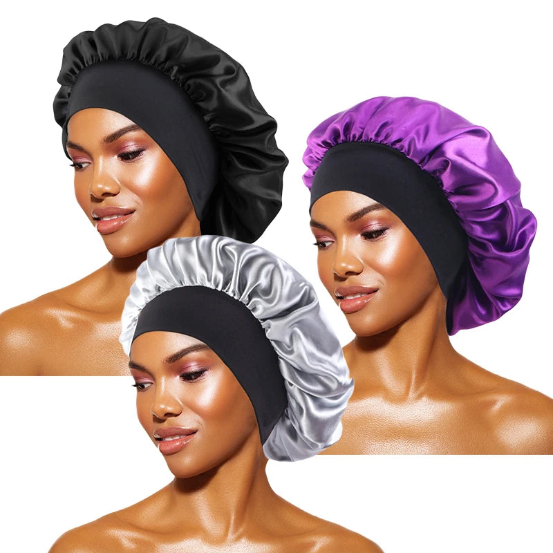 Bonnets en satin solides pour femmes, chapeau de bain à large bord pour dormir la nuit, bonnet unisexe à bande élastique pour soins capillaires