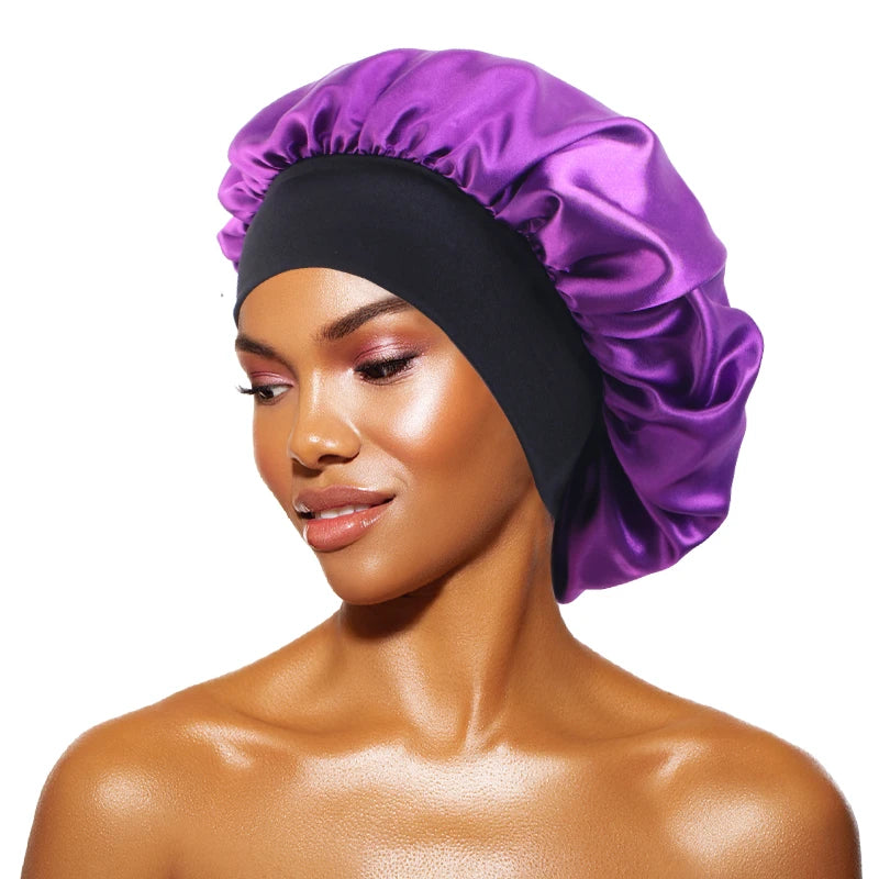 Bonnets en satin solides pour femmes, chapeau de bain à large bord pour dormir la nuit, bonnet unisexe à bande élastique pour soins capillaires