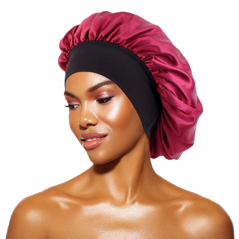 Bonnets en satin solides pour femmes, chapeau de bain à large bord pour dormir la nuit, bonnet unisexe à bande élastique pour soins capillaires