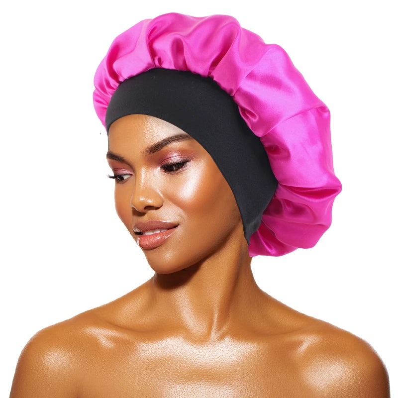 Bonnets en satin solides pour femmes, chapeau de bain à large bord pour dormir la nuit, bonnet unisexe à bande élastique pour soins capillaires