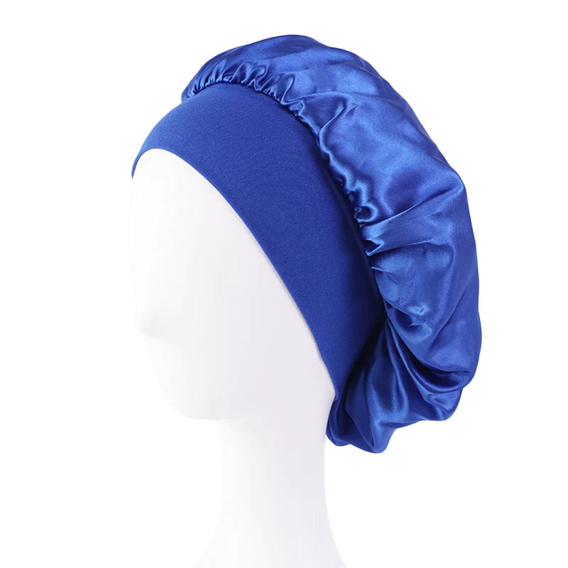 Bonnets en satin solides pour femmes, chapeau de bain à large bord pour dormir la nuit, bonnet unisexe à bande élastique pour soins capillaires