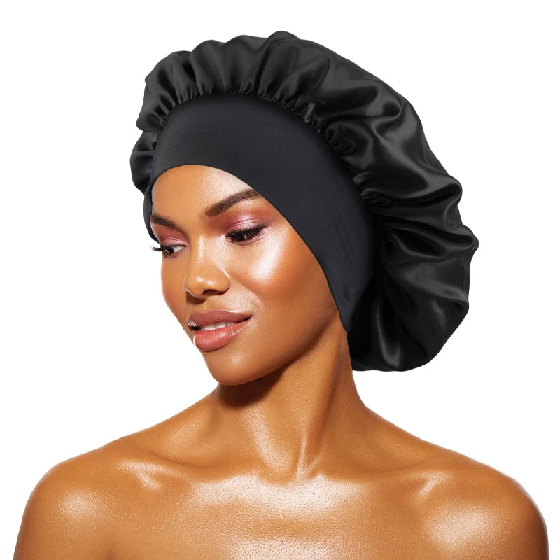 Bonnets en satin solides pour femmes, chapeau de bain à large bord pour dormir la nuit, bonnet unisexe à bande élastique pour soins capillaires