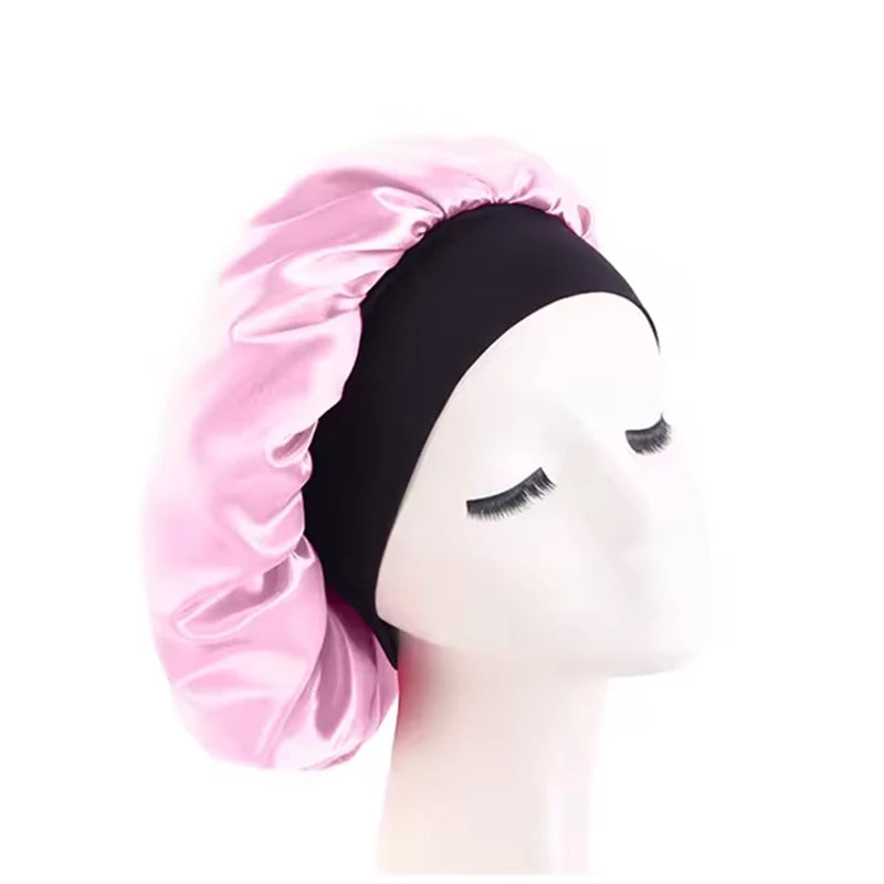 Bonnets en satin solides pour femmes, chapeau de bain à large bord pour dormir la nuit, bonnet unisexe à bande élastique pour soins capillaires