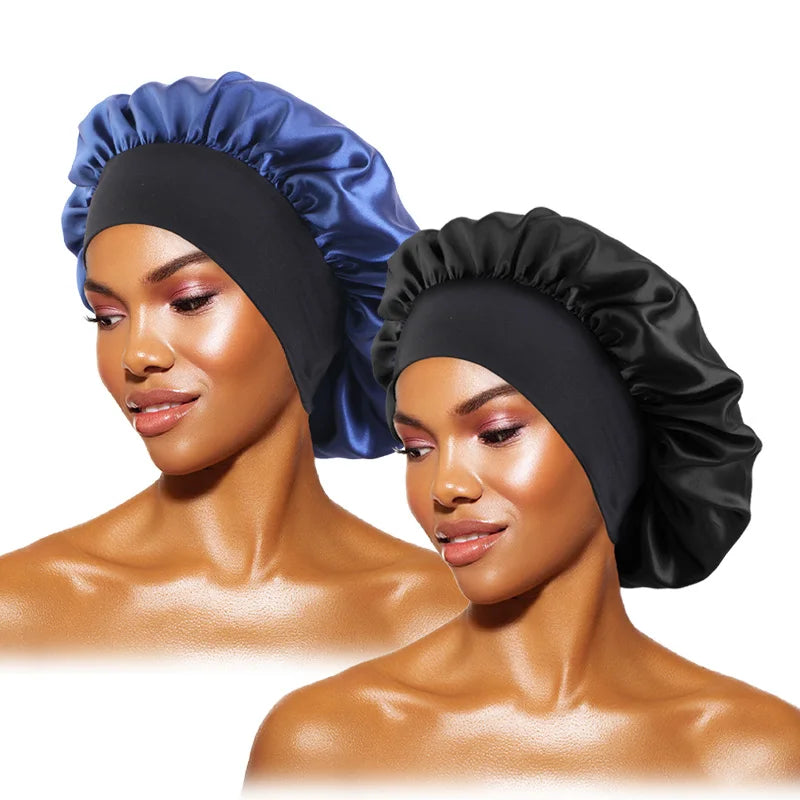 Bonnets en satin solides pour femmes, chapeau de bain à large bord pour dormir la nuit, bonnet unisexe à bande élastique pour soins capillaires