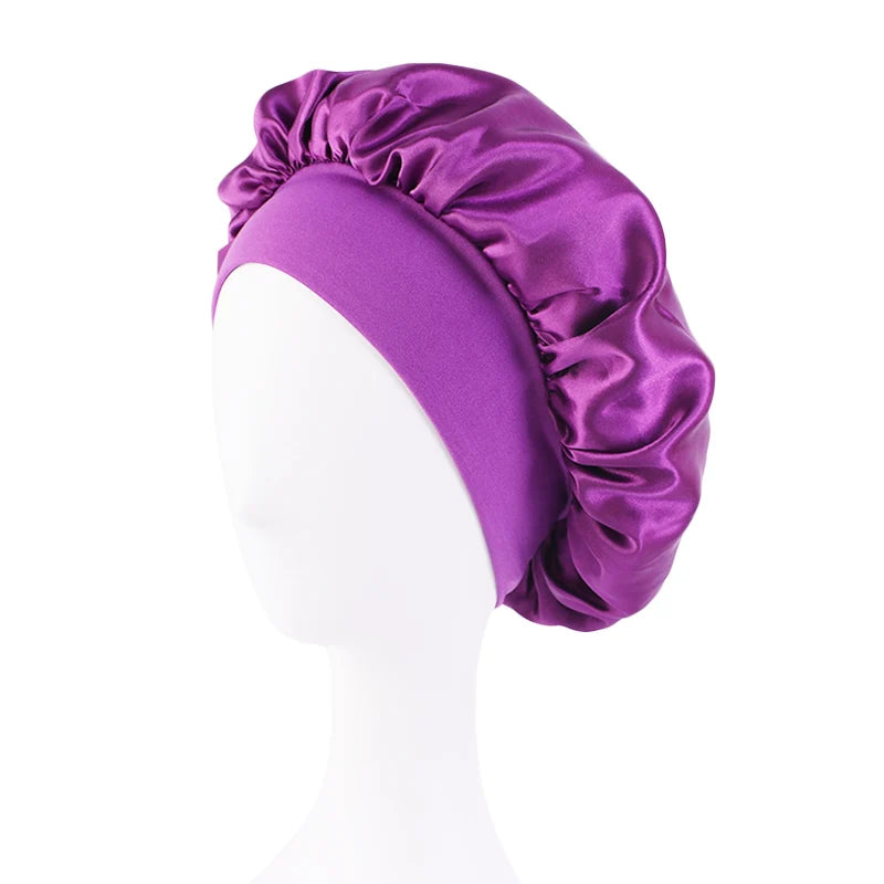 Bonnets en satin solides pour femmes, chapeau de bain à large bord pour dormir la nuit, bonnet unisexe à bande élastique pour soins capillaires
