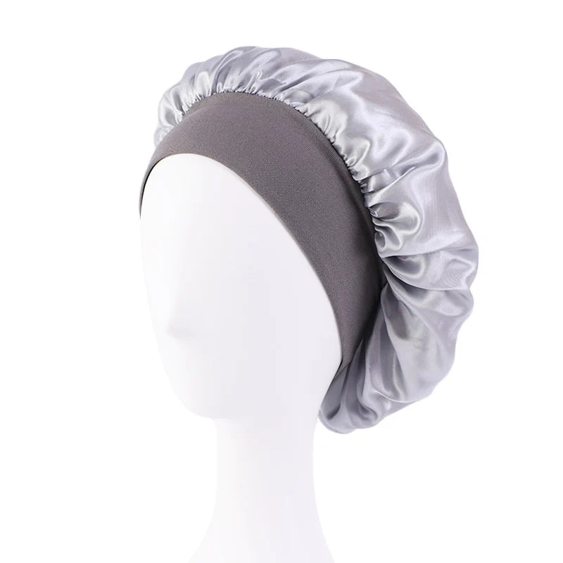 Bonnets en satin solides pour femmes, chapeau de bain à large bord pour dormir la nuit, bonnet unisexe à bande élastique pour soins capillaires