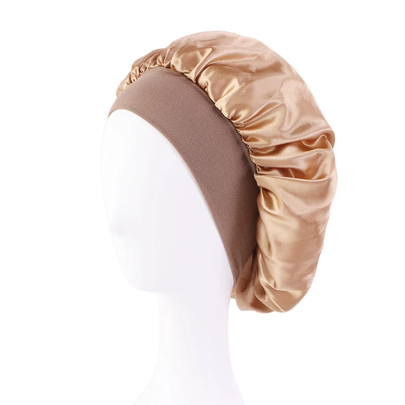 Bonnets en satin solides pour femmes, chapeau de bain à large bord pour dormir la nuit, bonnet unisexe à bande élastique pour soins capillaires