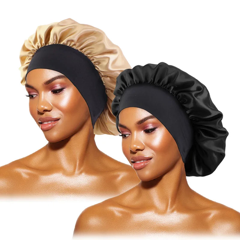 Bonnets en satin solides pour femmes, chapeau de bain à large bord pour dormir la nuit, bonnet unisexe à bande élastique pour soins capillaires