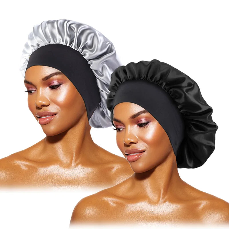 Bonnets en satin solides pour femmes, chapeau de bain à large bord pour dormir la nuit, bonnet unisexe à bande élastique pour soins capillaires