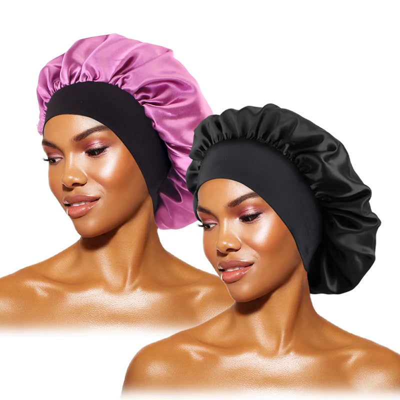 Bonnets en satin solides pour femmes, chapeau de bain à large bord pour dormir la nuit, bonnet unisexe à bande élastique pour soins capillaires