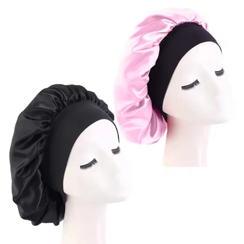 Bonnets en satin solides pour femmes, chapeau de bain à large bord pour dormir la nuit, bonnet unisexe à bande élastique pour soins capillaires
