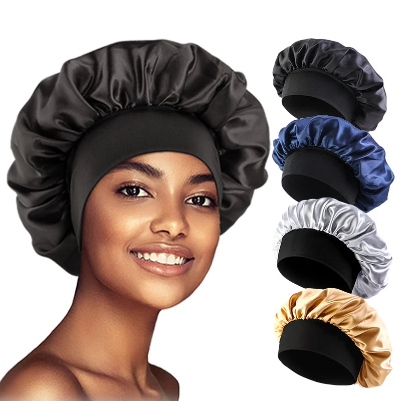 Bonnets en satin solides pour femmes, chapeau de bain à large bord pour dormir la nuit, bonnet unisexe à bande élastique pour soins capillaires