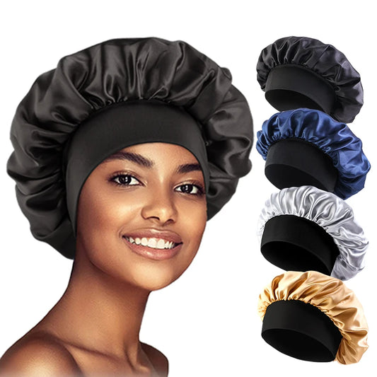 Bonnets en satin solides pour femmes, chapeau de bain à large bord pour dormir la nuit, bonnet unisexe à bande élastique pour soins capillaires