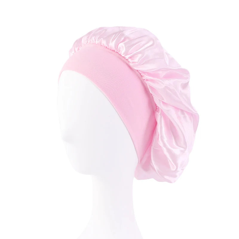 Bonnets en satin solides pour femmes, chapeau de bain à large bord pour dormir la nuit, bonnet unisexe à bande élastique pour soins capillaires
