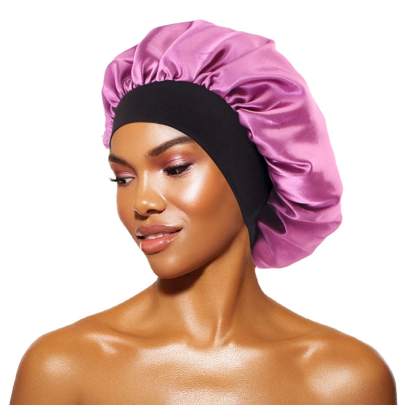 Bonnets en satin solides pour femmes, chapeau de bain à large bord pour dormir la nuit, bonnet unisexe à bande élastique pour soins capillaires
