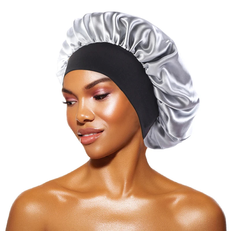 Bonnets en satin solides pour femmes, chapeau de bain à large bord pour dormir la nuit, bonnet unisexe à bande élastique pour soins capillaires