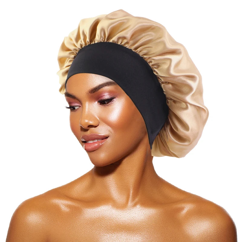Bonnets en satin solides pour femmes, chapeau de bain à large bord pour dormir la nuit, bonnet unisexe à bande élastique pour soins capillaires