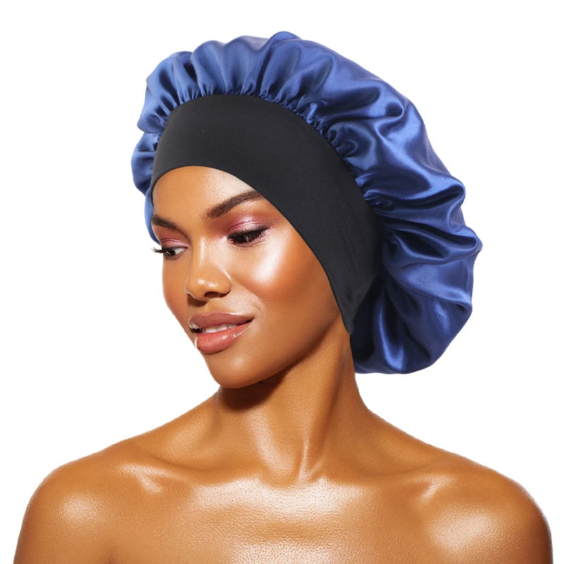 Bonnets en satin solides pour femmes, chapeau de bain à large bord pour dormir la nuit, bonnet unisexe à bande élastique pour soins capillaires
