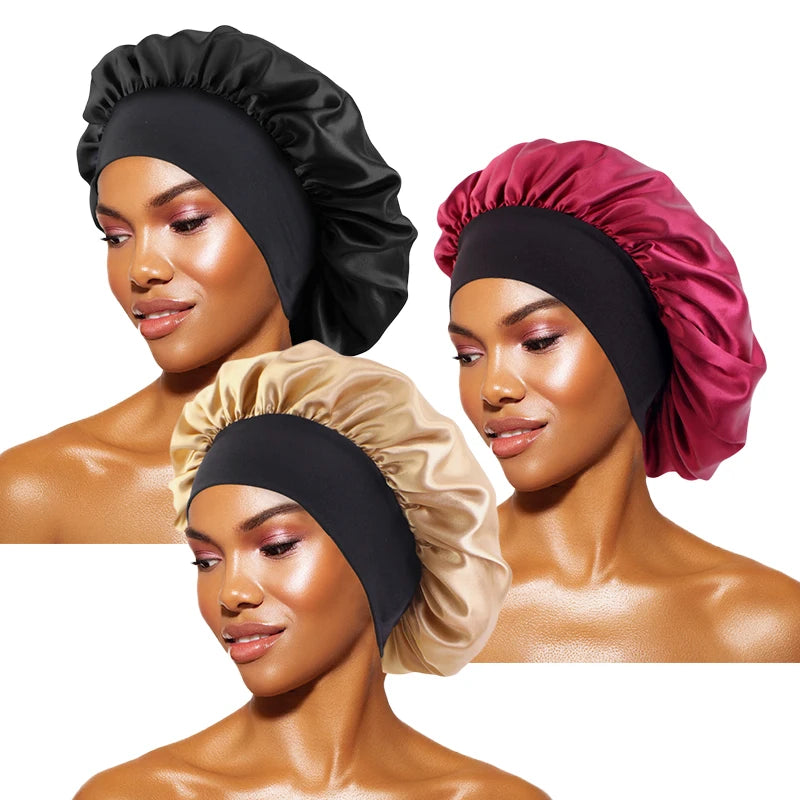 Bonnets en satin solides pour femmes, chapeau de bain à large bord pour dormir la nuit, bonnet unisexe à bande élastique pour soins capillaires