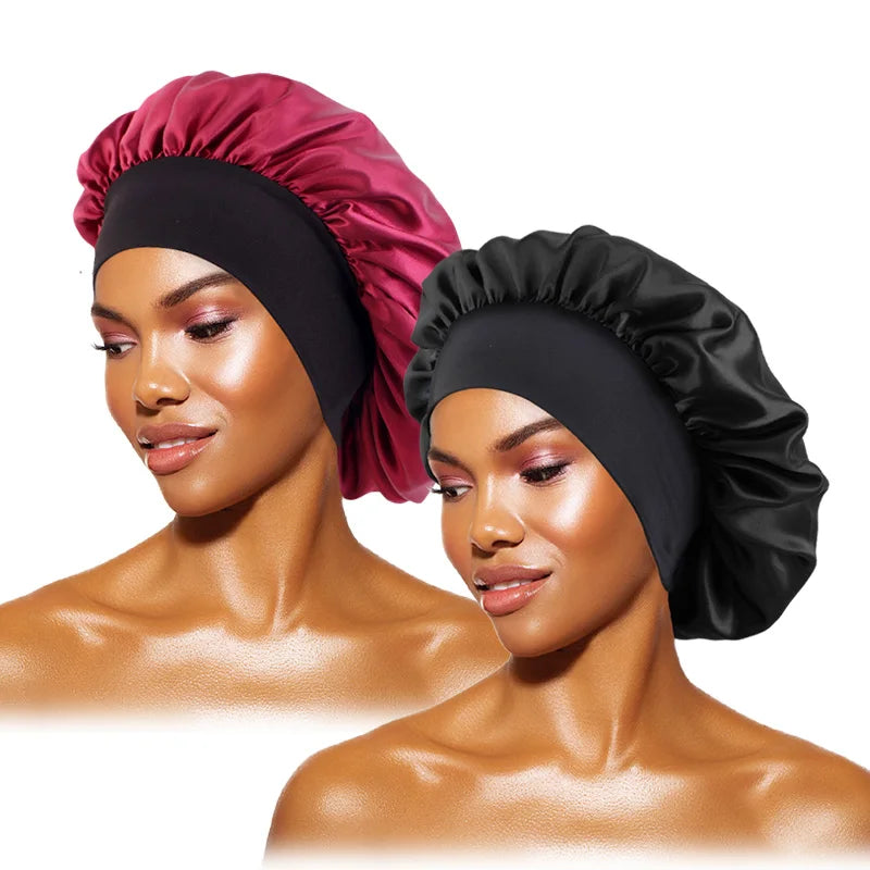 Bonnets en satin solides pour femmes, chapeau de bain à large bord pour dormir la nuit, bonnet unisexe à bande élastique pour soins capillaires