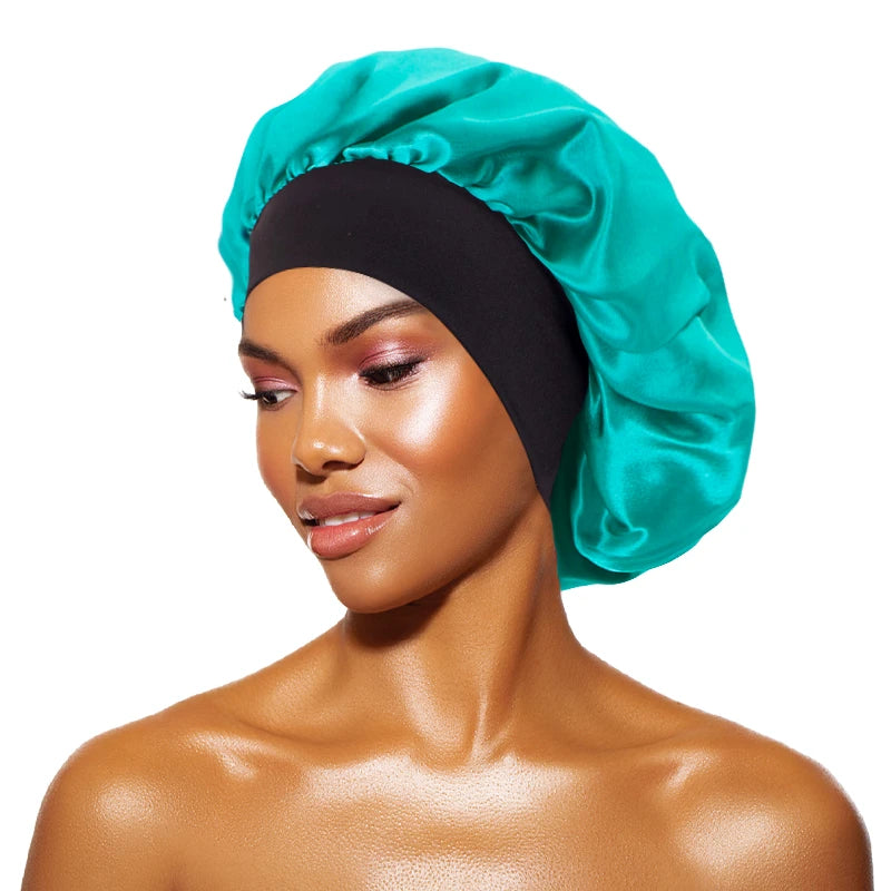 Bonnets en satin solides pour femmes, chapeau de bain à large bord pour dormir la nuit, bonnet unisexe à bande élastique pour soins capillaires