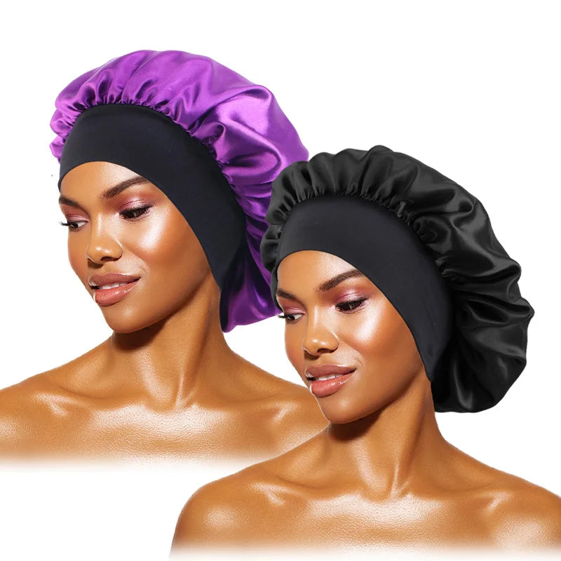 Bonnets en satin solides pour femmes, chapeau de bain à large bord pour dormir la nuit, bonnet unisexe à bande élastique pour soins capillaires