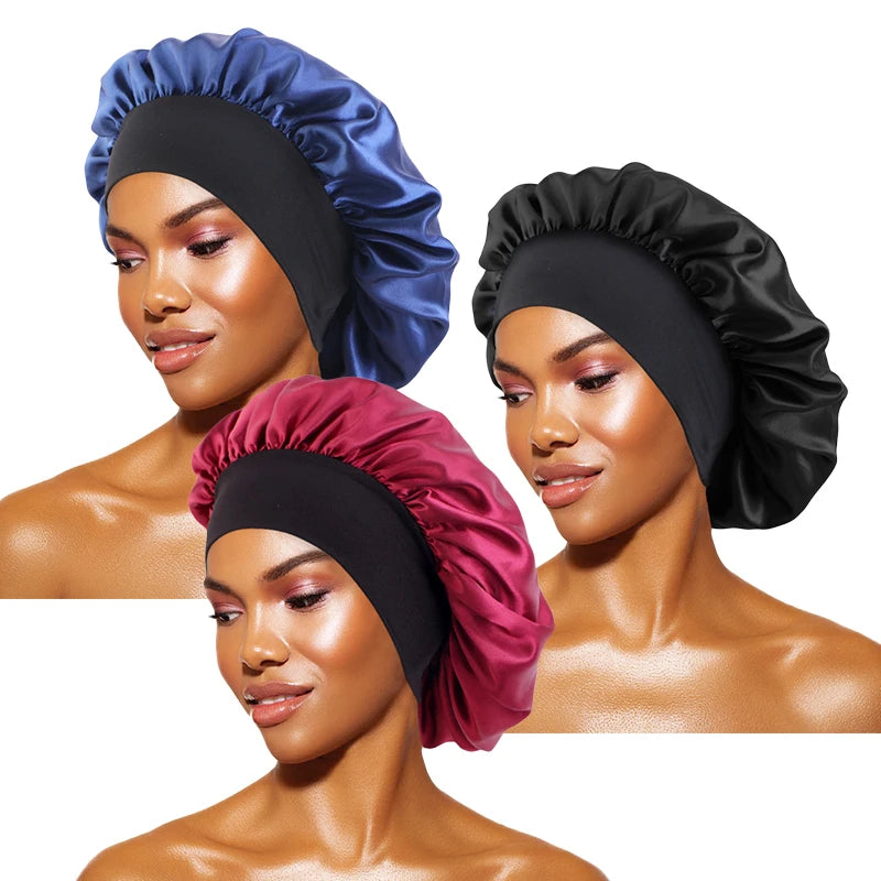 Bonnets en satin solides pour femmes, chapeau de bain à large bord pour dormir la nuit, bonnet unisexe à bande élastique pour soins capillaires